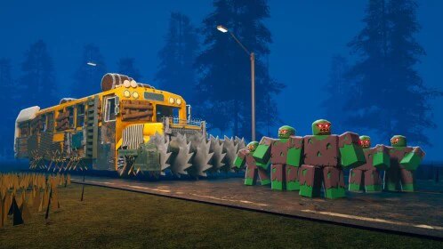 Armored yellow bus driving through the Last Stop wasteland